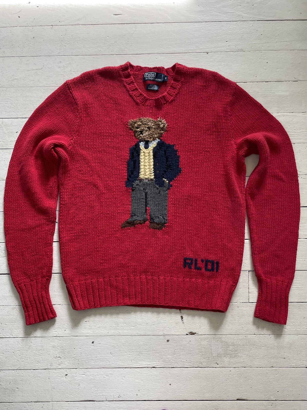 Vintage Y2K  2001 Polo Ralph Lauren Executive Bear Red Hand-Knit  Sweater 