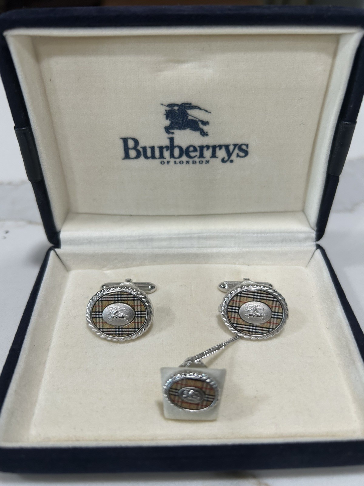 Vintage Burberrys of London Nova Check Cufflinks & Tie Tack Set With Box