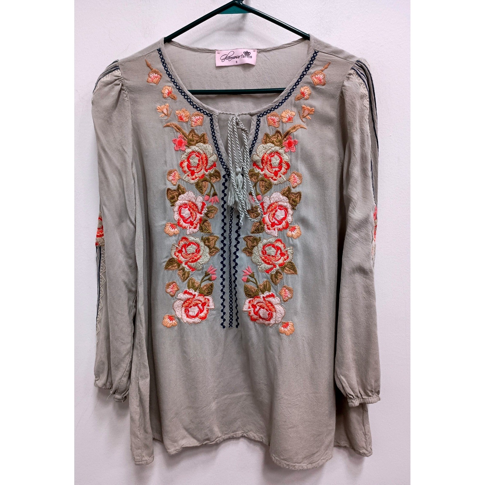 Glamour Farms Embroidered Blouse Womens S Gray Boho Floral Tassel Peasant Top