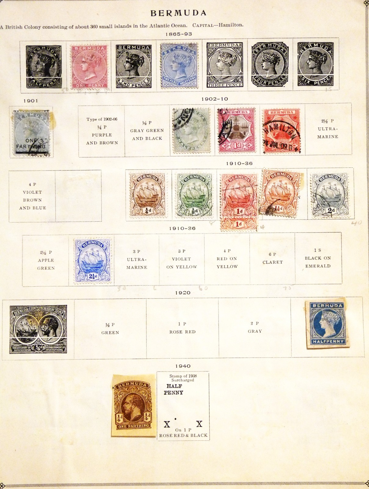 1865-1940 Bermuda 3`1 stamp 2 page Collection Incl: War tax and 1937 Anniversary