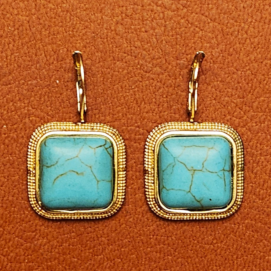 Monet Signed Gold Tone Blue Square Turquoise Dangle Leverback Earrings Vintage