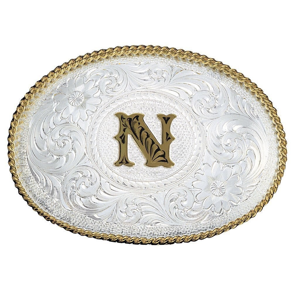 Montana Silversmiths Belt Buckle Men\'s Initial N Engraved Daily Wear Gold Trim Montana Silversmiths Belt Buckle Men\'s Initial N Engraved Daily Wear Gold Trim