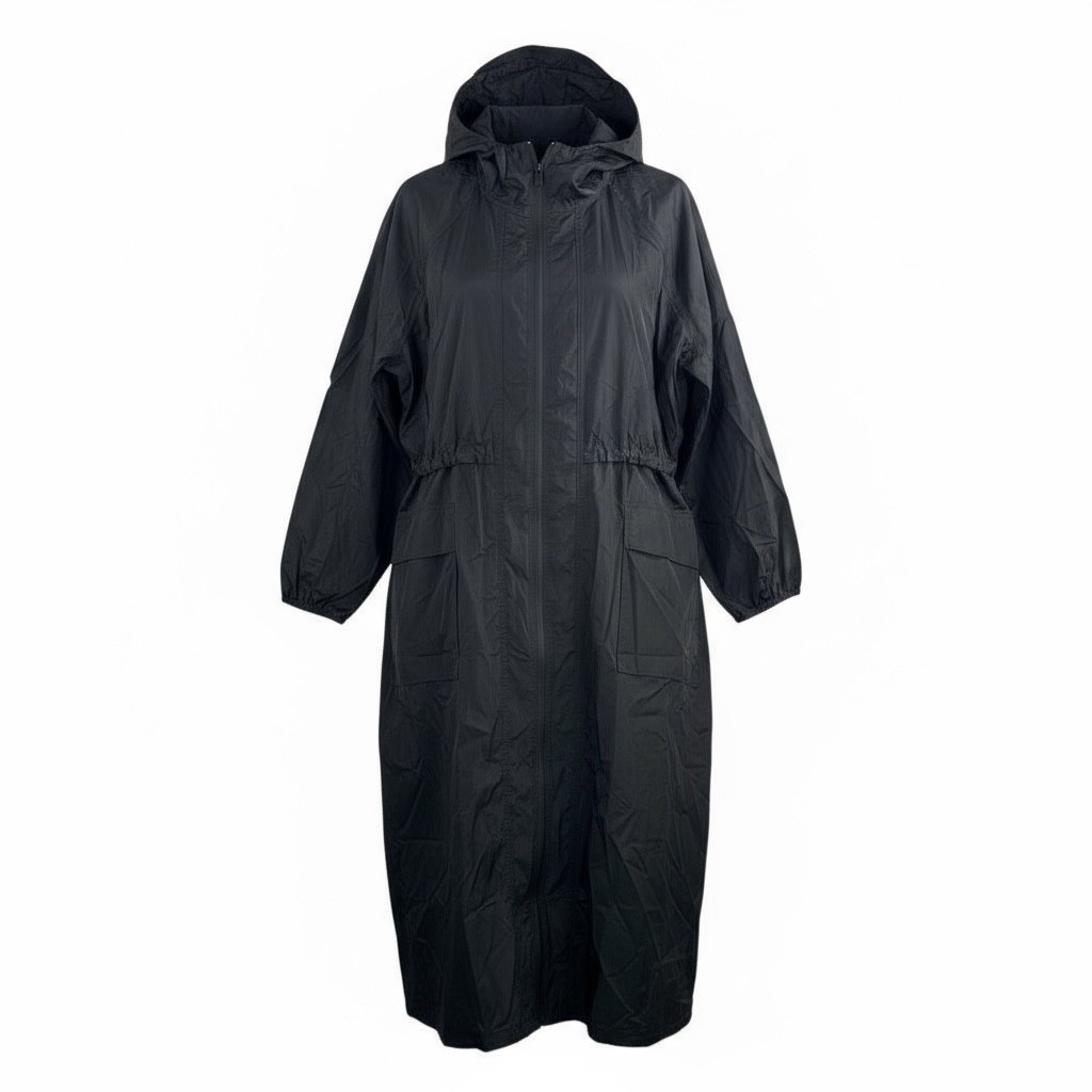 Athleta Black hooded Longline Parka rain jacket full zip relaxed blk 90s sz L