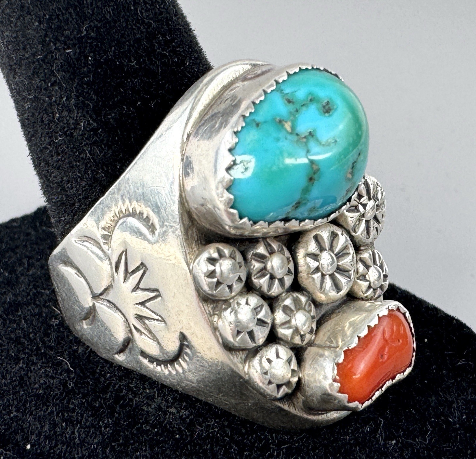 Old Pawn Era Sterling Silver Turquoise Coral Ring Size 11 Heavy 20.15g