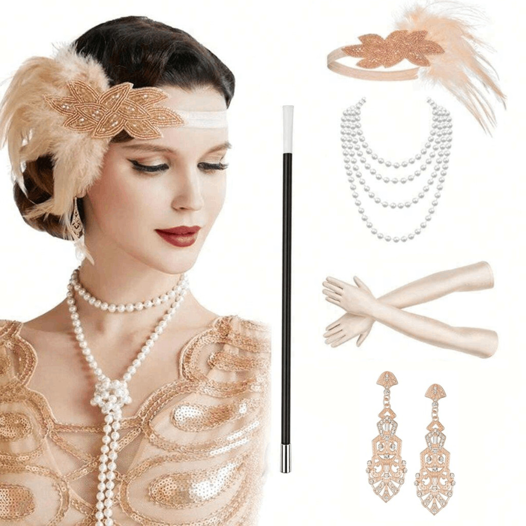 5PCS 1920s Gold Accessories Flapper Great Gatsby Vintage Retro Costume Set NEW