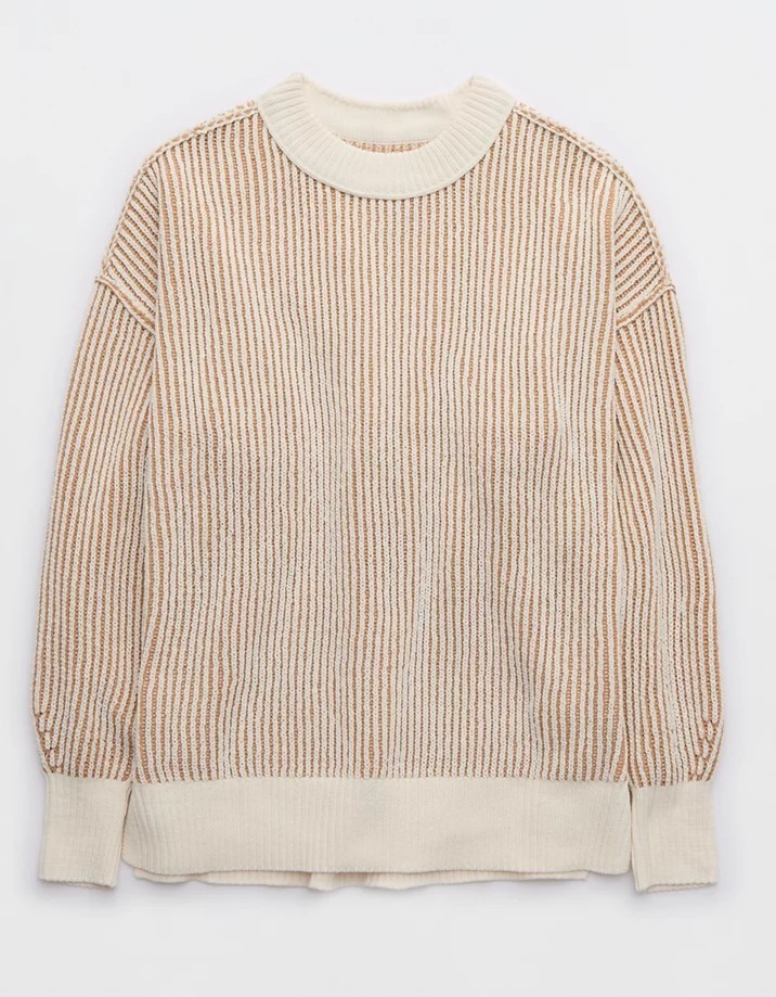 NWT Aerie Ribbed Chenille Knit Sweater XS Tan Cream Striped Balloon Sleeve