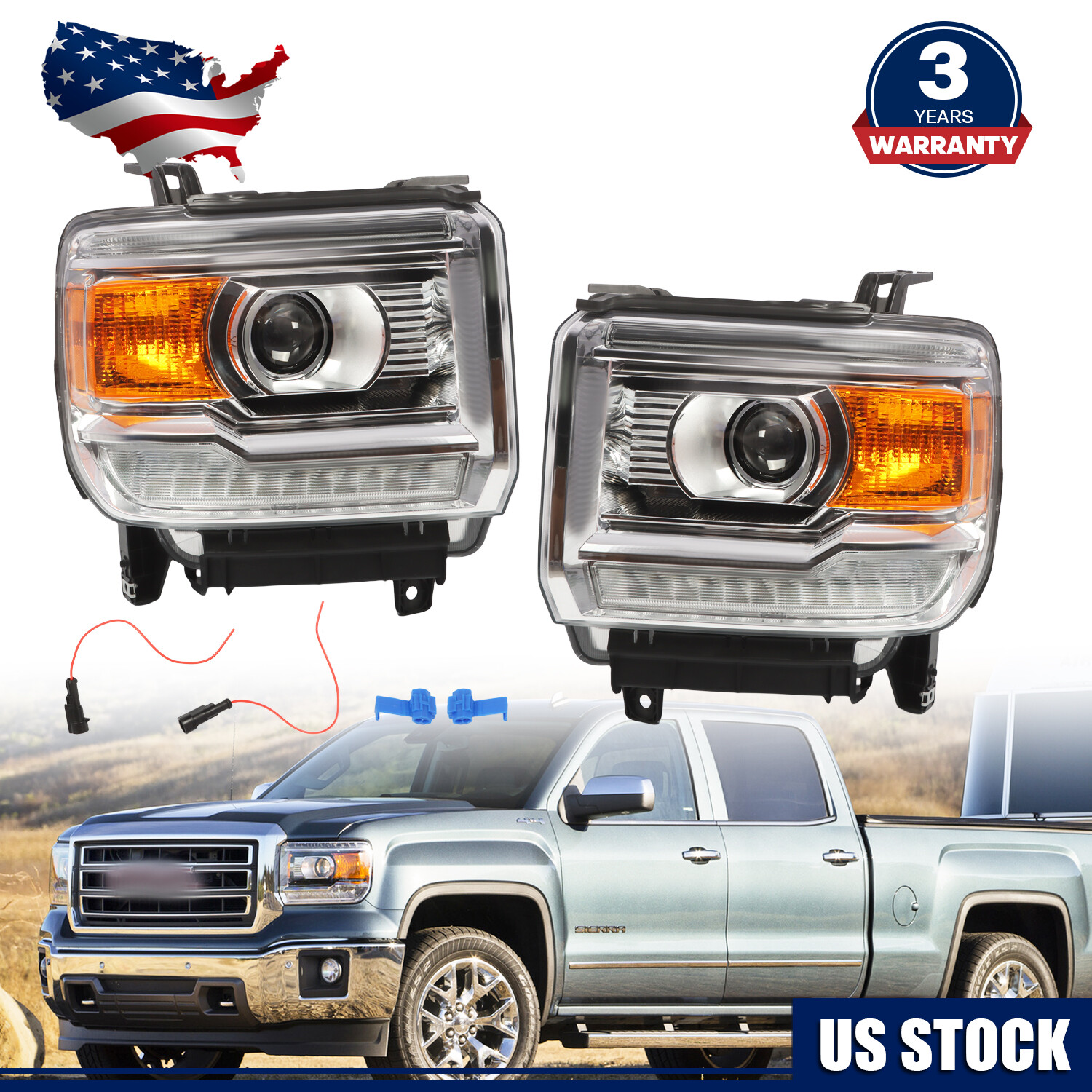 For 2014-2018 GMC Sierra 1500 15-19 2500 3500HD W/LED DRL Headlights Projector