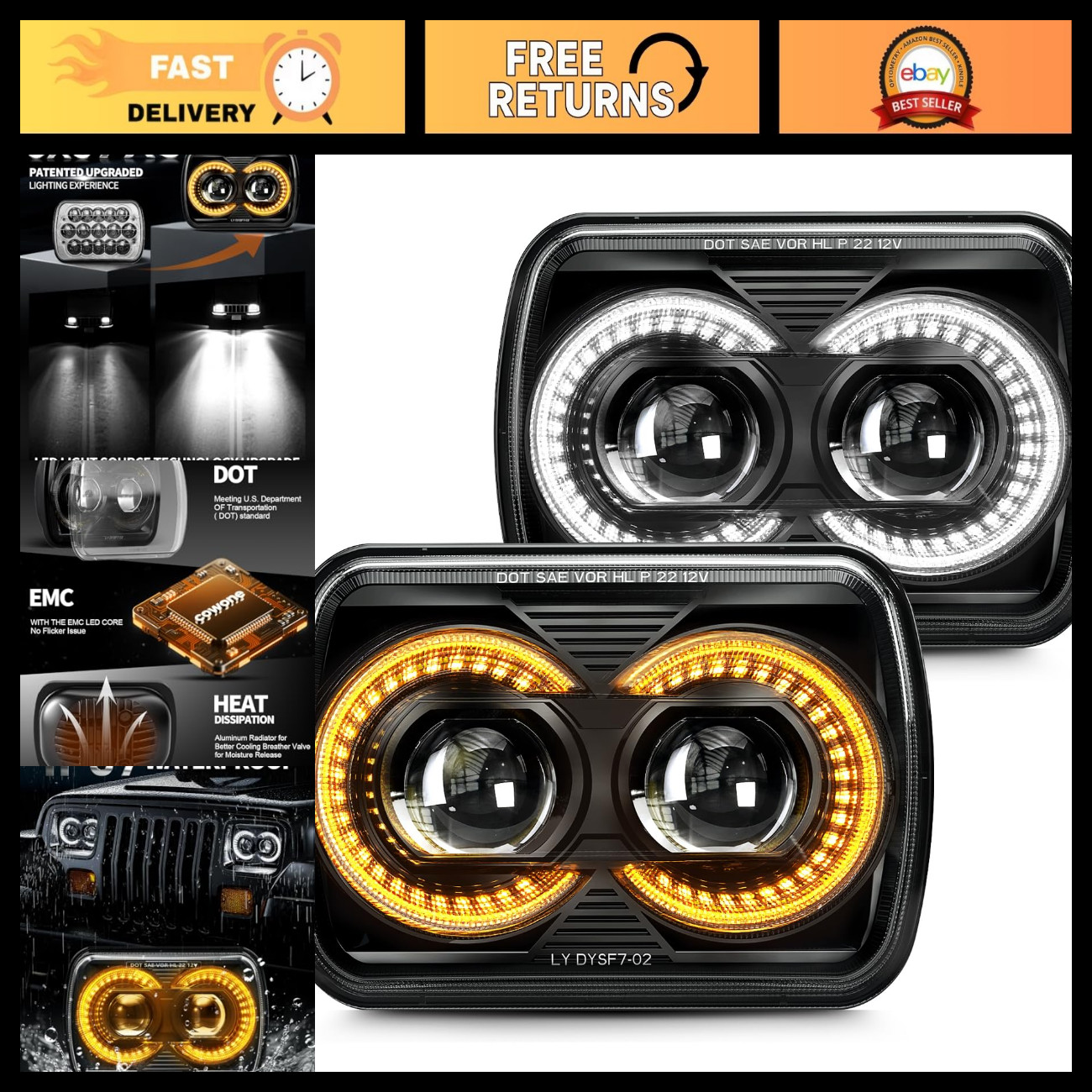 180W 5x7 LED Headlights - 7x6 H6054 Black Pair for Enhanced Visibility & Safety 180W 5x7 LED Headlights - 7x6 H6054 Black Pair for Enhanced Visibility & Safety