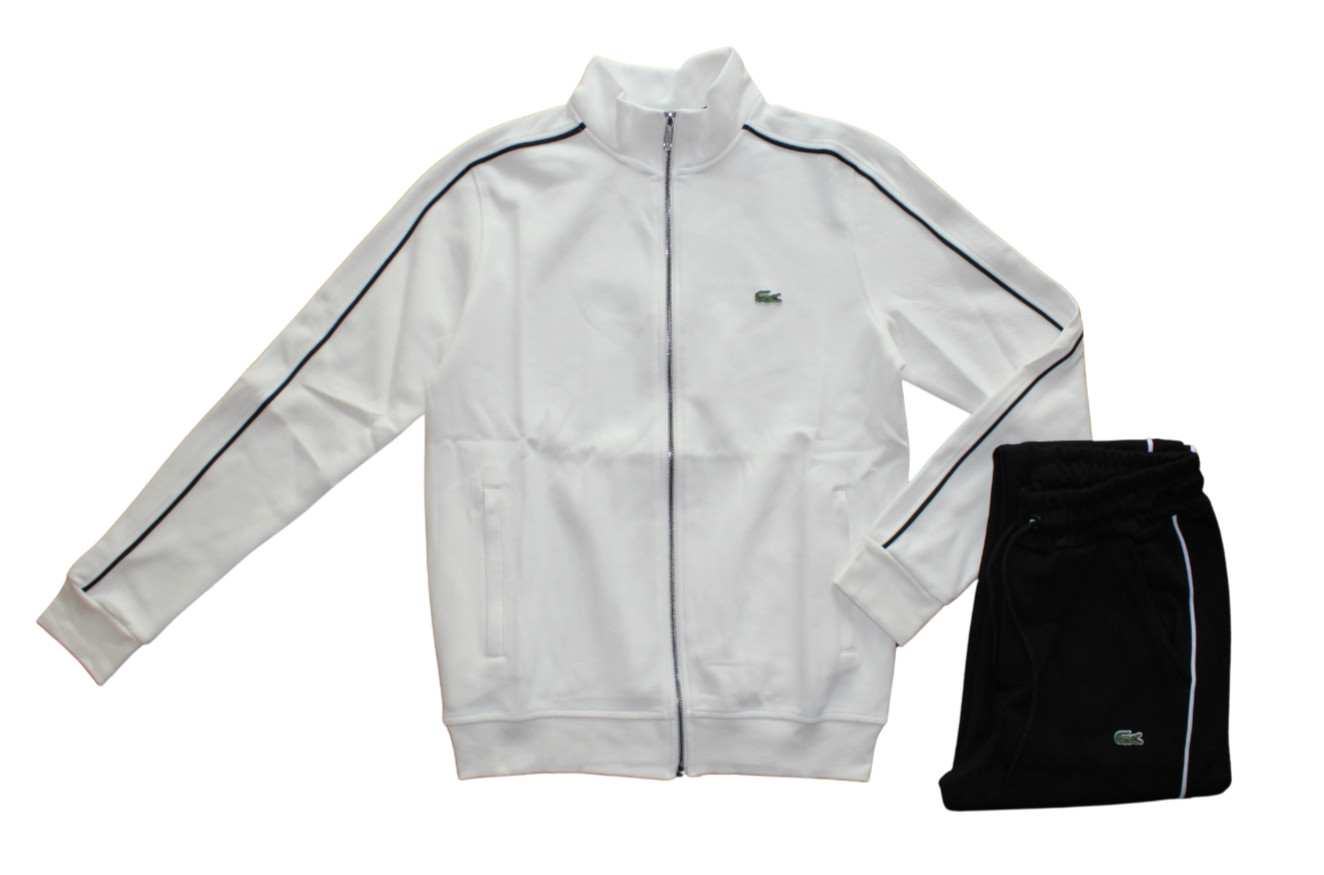 LACOSTE MEN TRACKSUIT SET IN WHITE COLOR  FULL ZIP JACKET AND BLACK PANTS