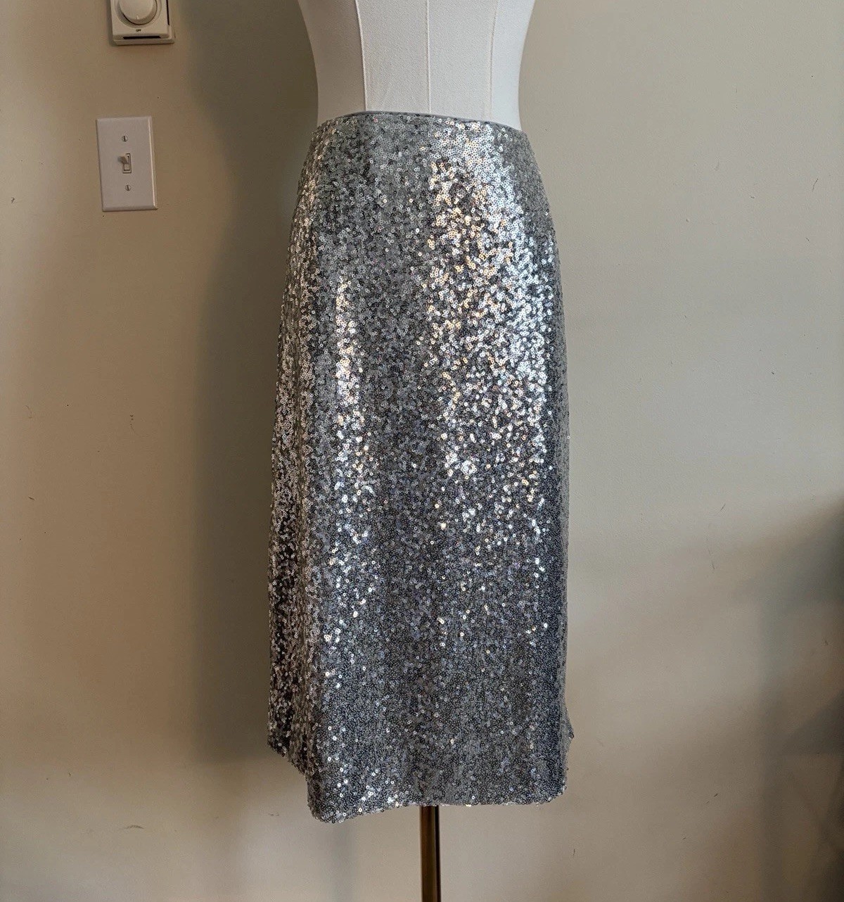 NWT Anna Kaci Cocktail Party Skirt Silver Sequins Lined Pull On Stretch XL