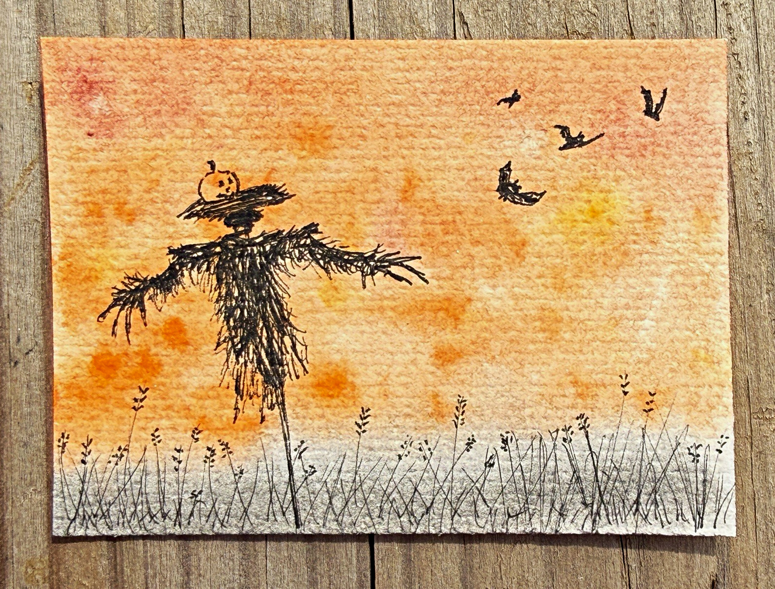 ACEO Original Scarecrow & Bats Halloween Spooky Creepy ACEO Original Scarecrow & Bats Halloween Spooky Creepy