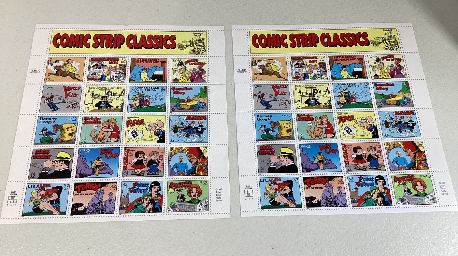 U.S. 1995 Two Full Sheets Postage Stamps #3000 Comic Strip Classics 32c Mint NH U.S. 1995 Two Full Sheets Postage Stamps #3000 Comic Strip Classics 32c Mint NH