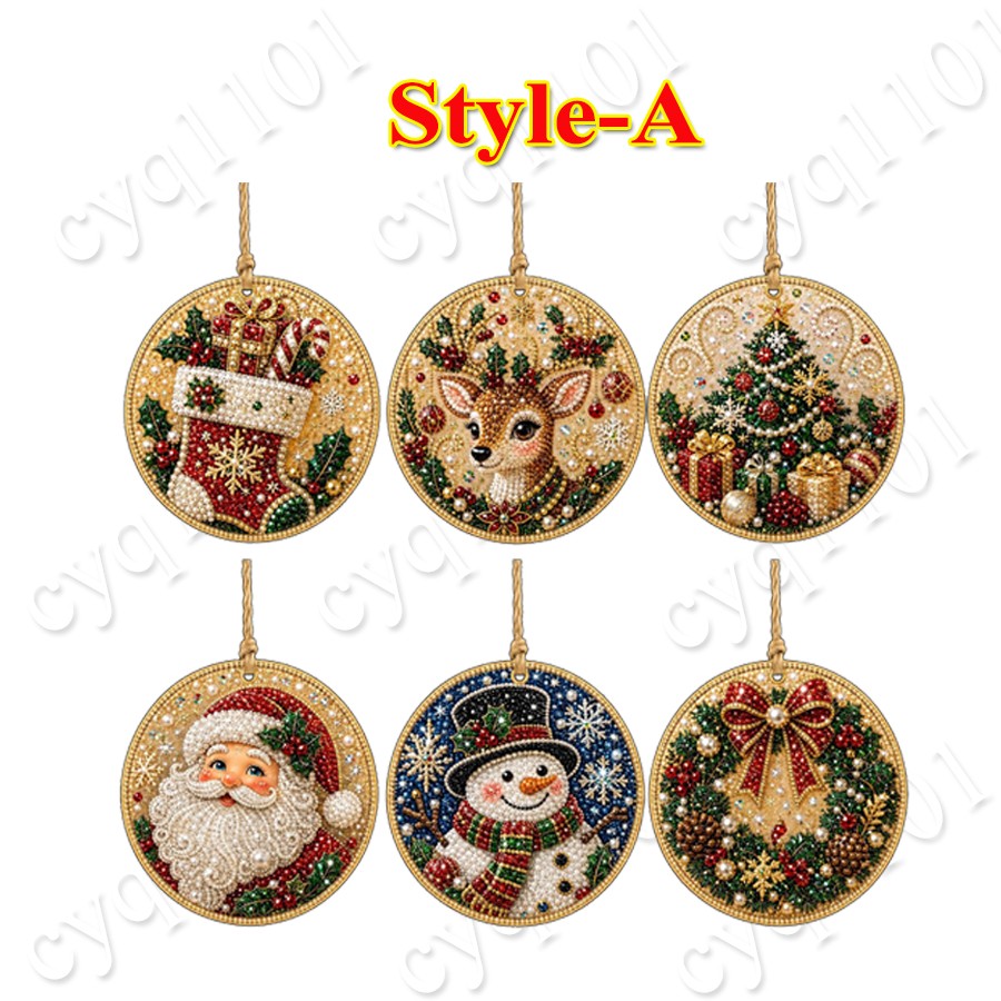 6/12Pcs Wooden Christmas Ornaments DIY Pearl Art Kits Hanging Diamond Art ~NEW