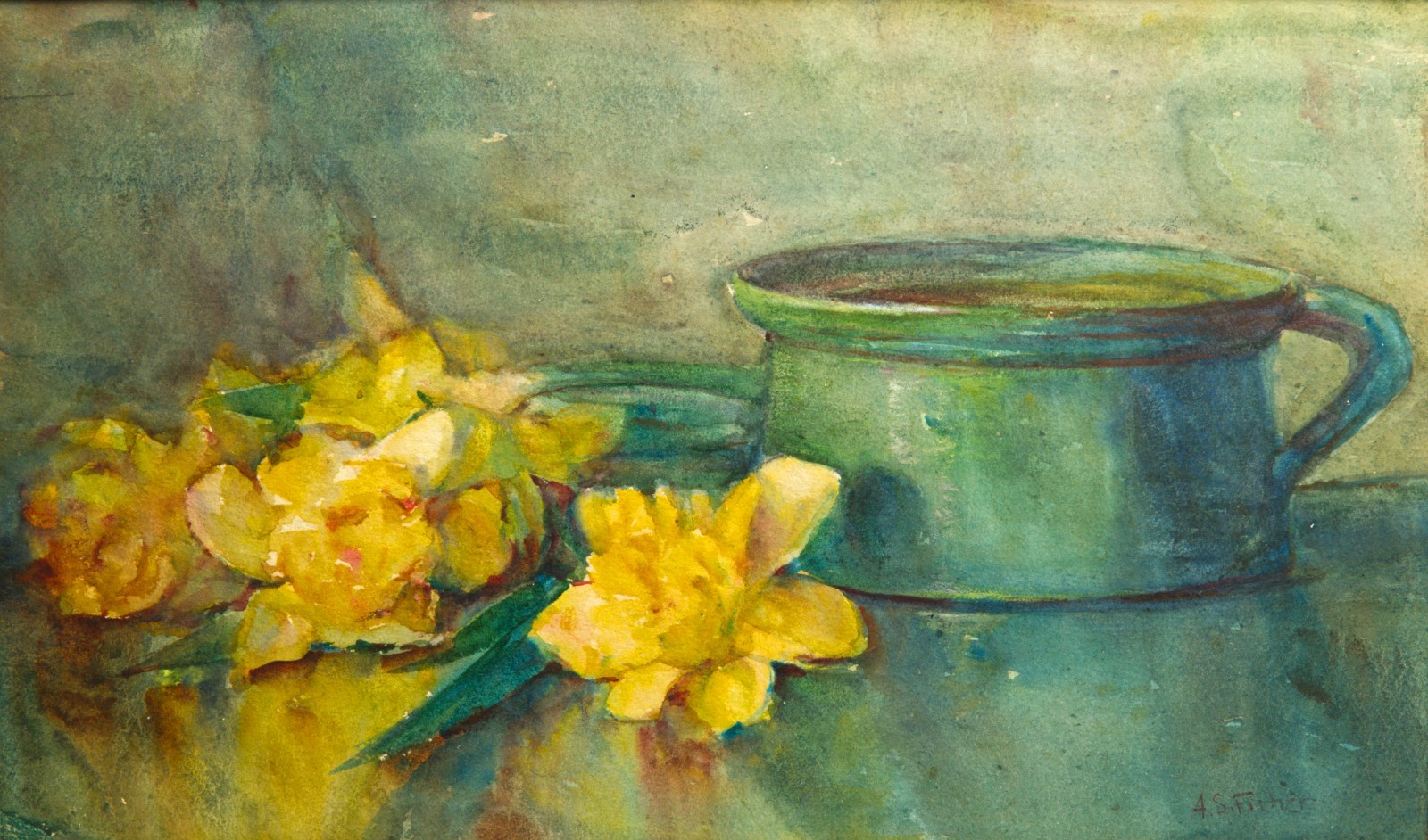 Anna S. Fisher Antique Watercolor Still Life, Yellow Daffodils, Signed Anna S. Fisher Antique Watercolor Still Life, Yellow Daffodils, Signed