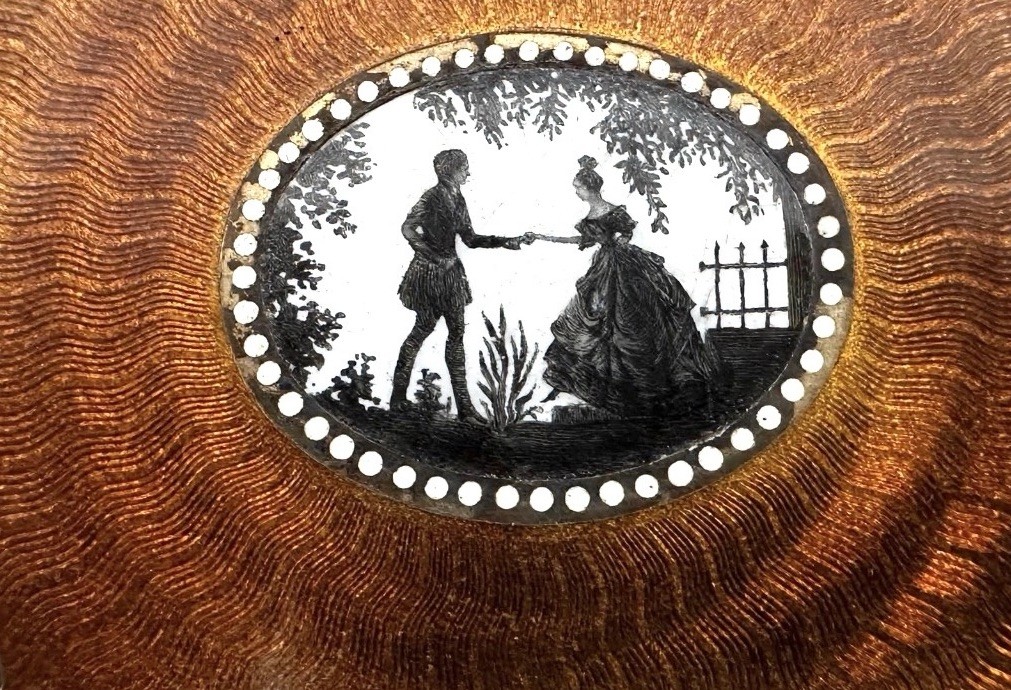 STUNNING ANTIQUE GUILLOCHE ENAMEL AND STERLING SILVER BOX c 1900