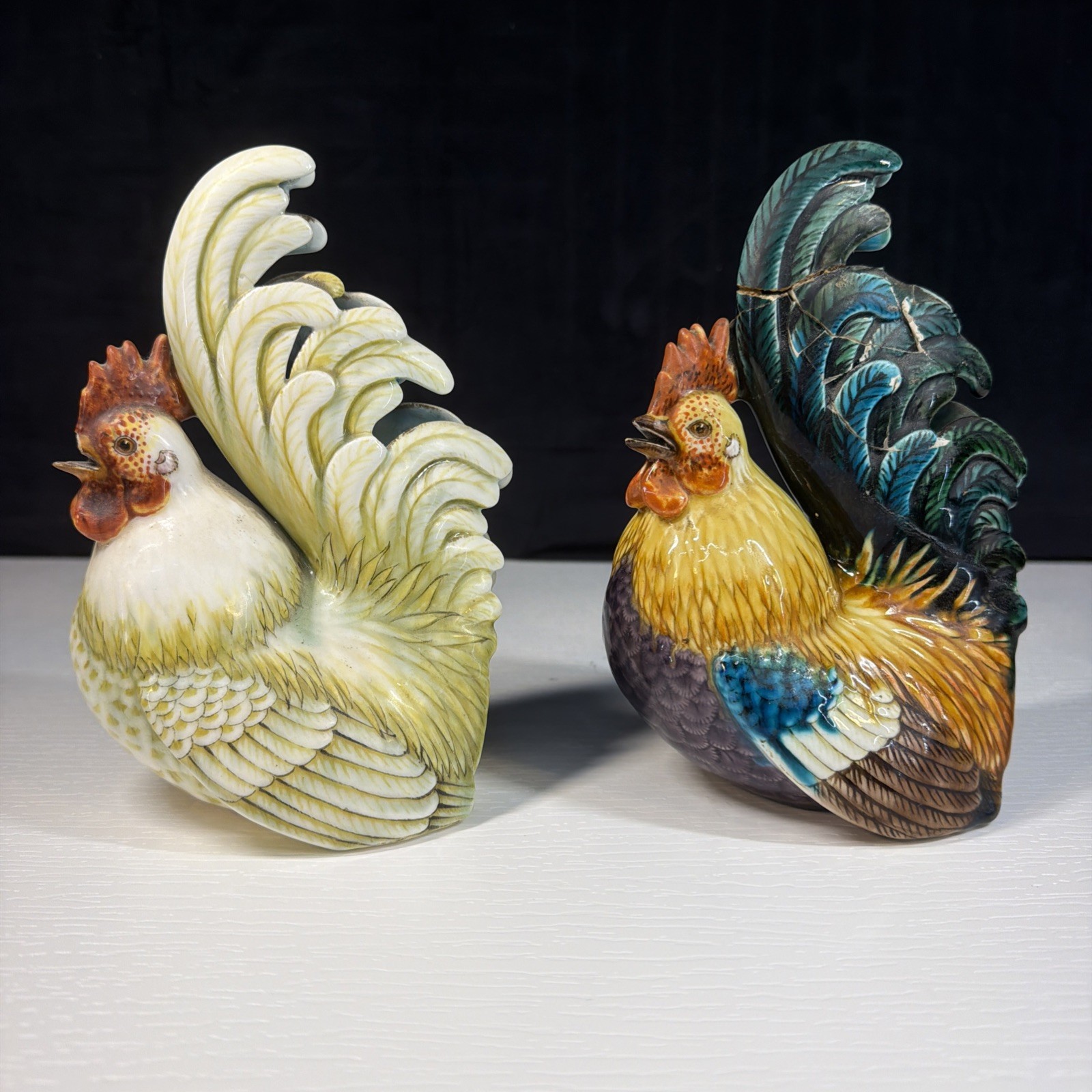 2 Théodore Deck Antique French Majolica Faience Roosters 7.5” Polychrome AS IS