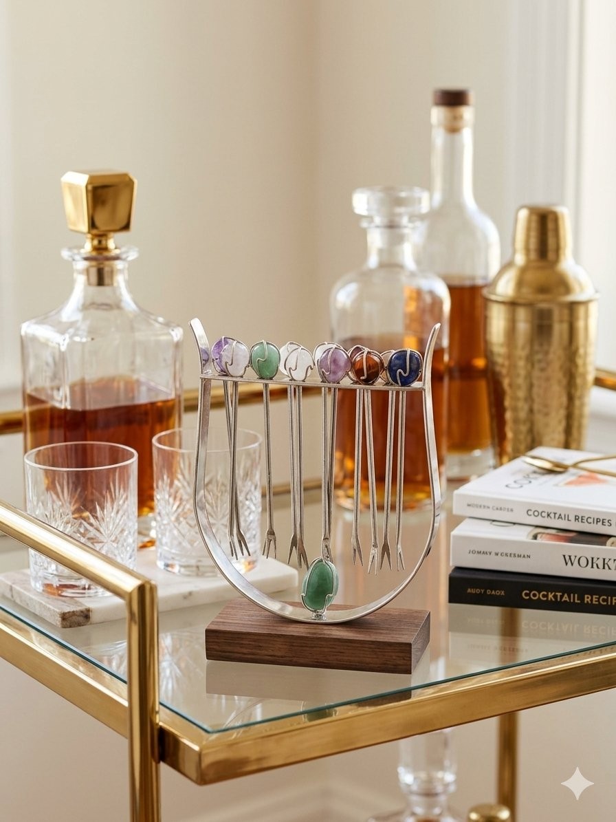 Vintage MCM Gemstone Cocktail Forks Skewers In Dark Wood & Chrome Rack Retro 