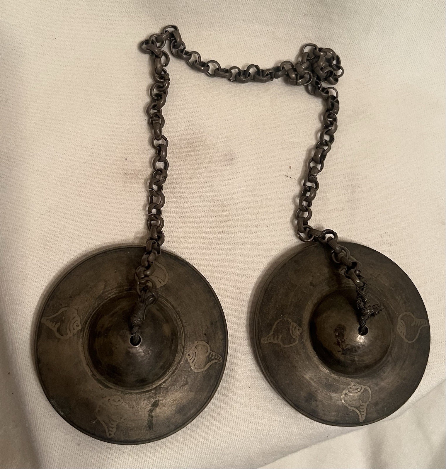 Antique Tibetan Tingsha Bronze Ritual Cymbals Conch Shell Motif 3\