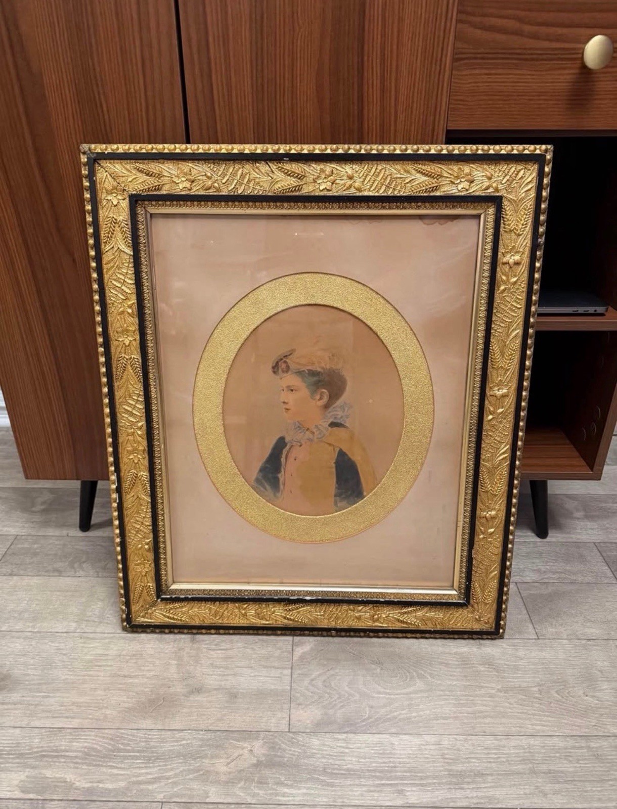 Late 19th Century Victorian Portrait in Original Ornate Wood