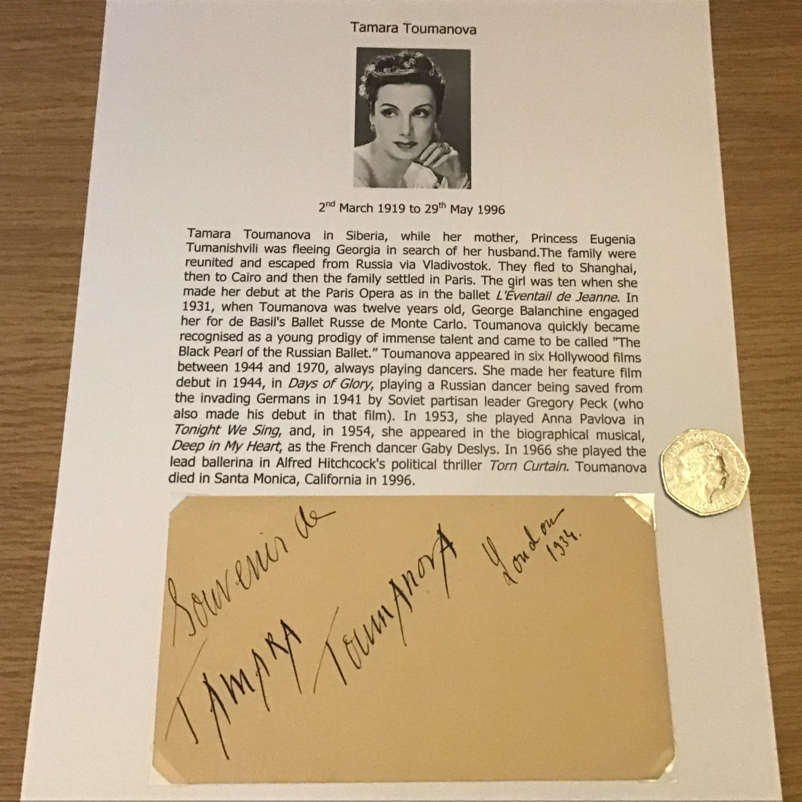Ballet autograph of Tamara Toumanova Russian Ballet 1919 to 1996 signed piece