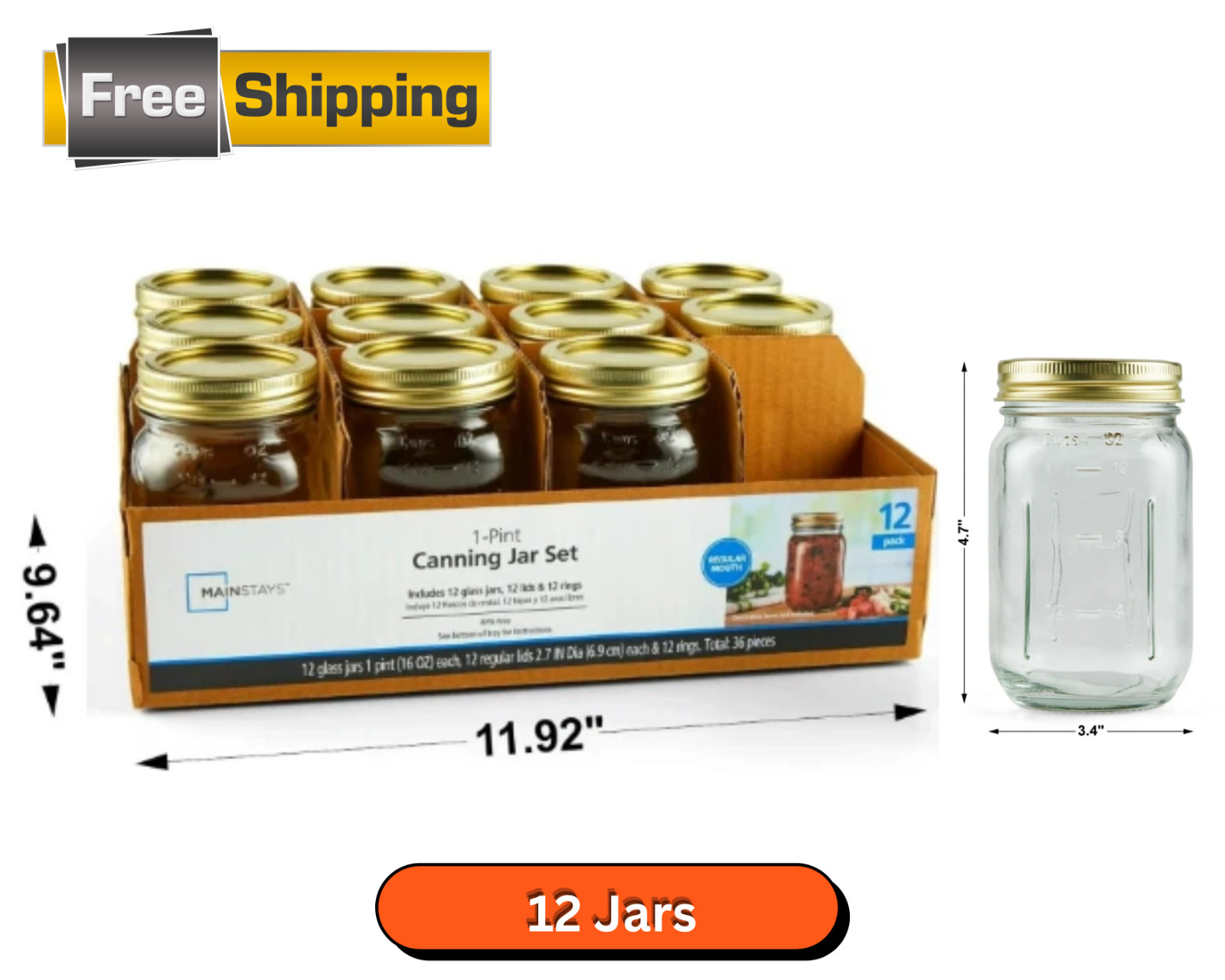 Regular Mouth 16 Oz Mason Jars 12Pk, Pint Canning Jars and Lids, Bulk Glass Jars