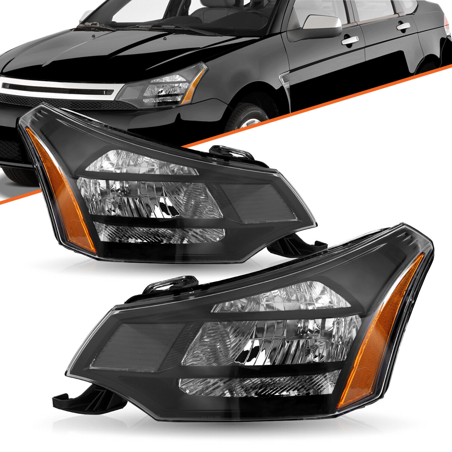 For 2008-2011 Ford Focus Black Amber Headlights Headlamps Left+Right 08 09 10 11