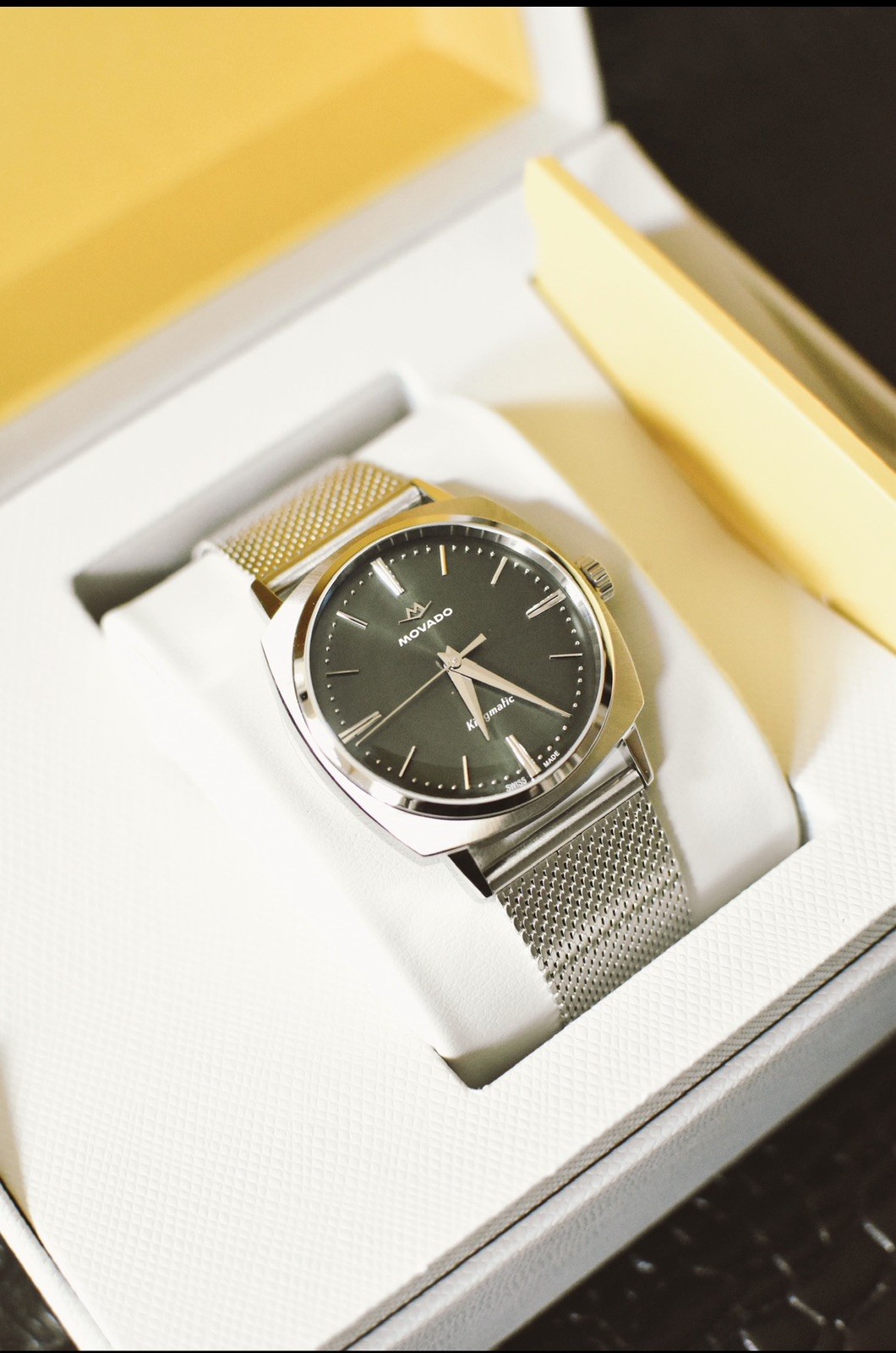 Movado Heritage Kingmatic Automatic 35MM Green Dial SS Unisex Watch