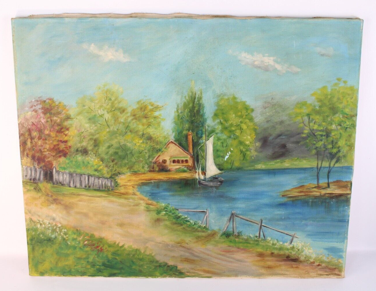 Antique Oil Painting House Sailboat River Landscape Signed E. Gillson
