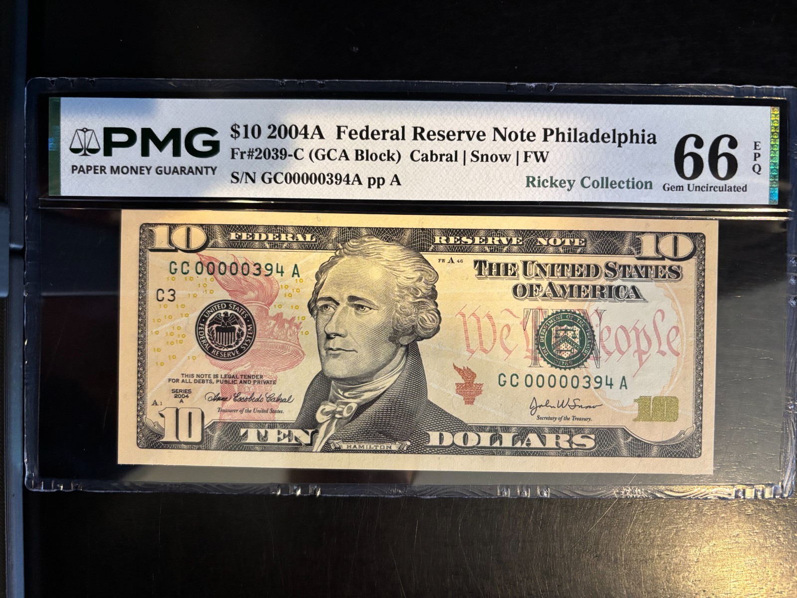 DBR 2004-A $10 FRN Philadelphia Gem Fr. 2039-C PMG 66 EPQ Low Serial GC00000394A