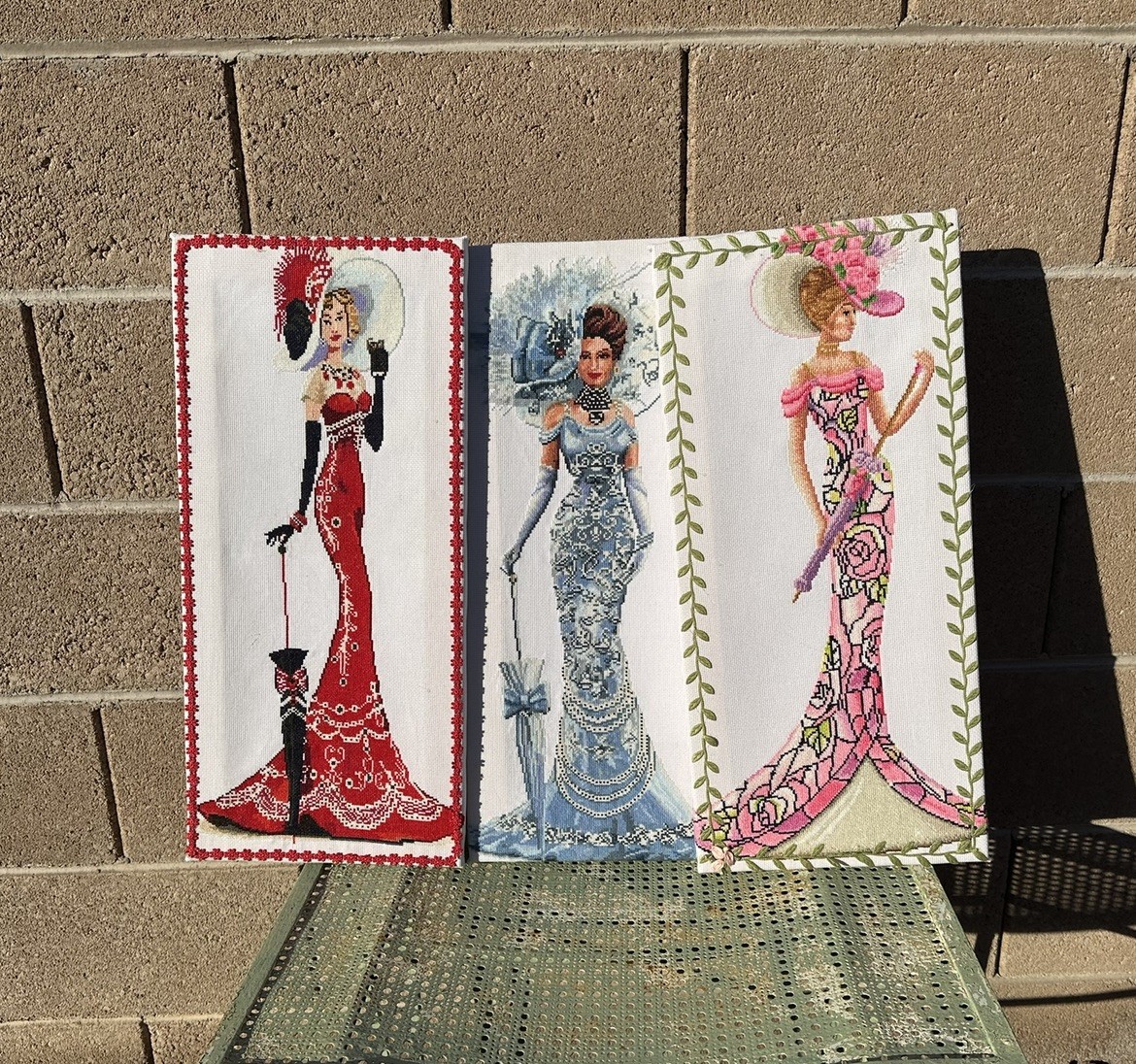 (3) HandMade Elegant Classy Ladies w Umbrellas Dresses completed Cross Stitch tr