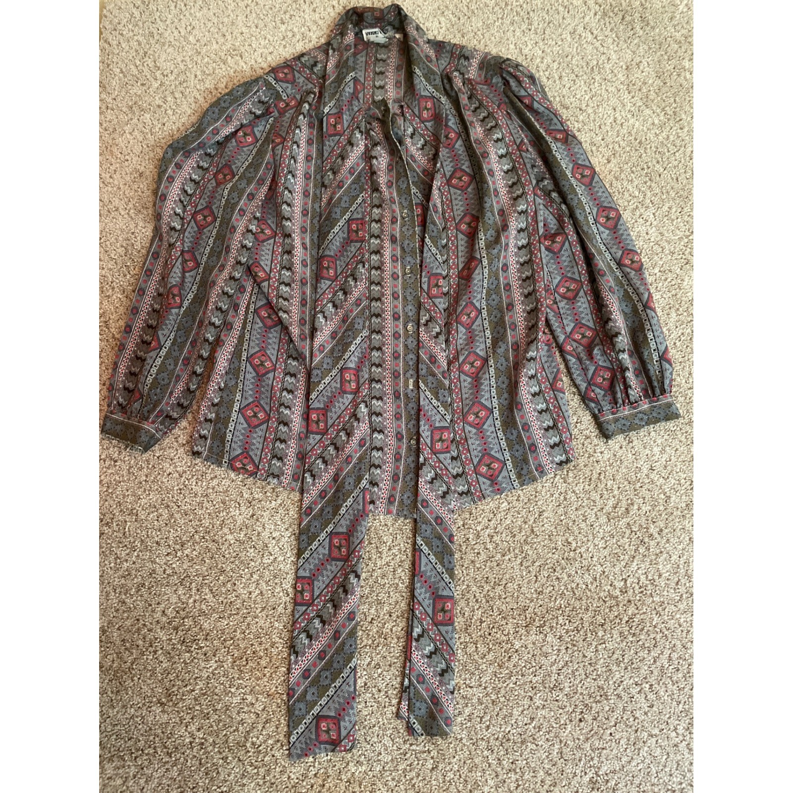 Vintage Contessa Monique Women Blouse 16 Aztec Geometric Stripe Tie Nec