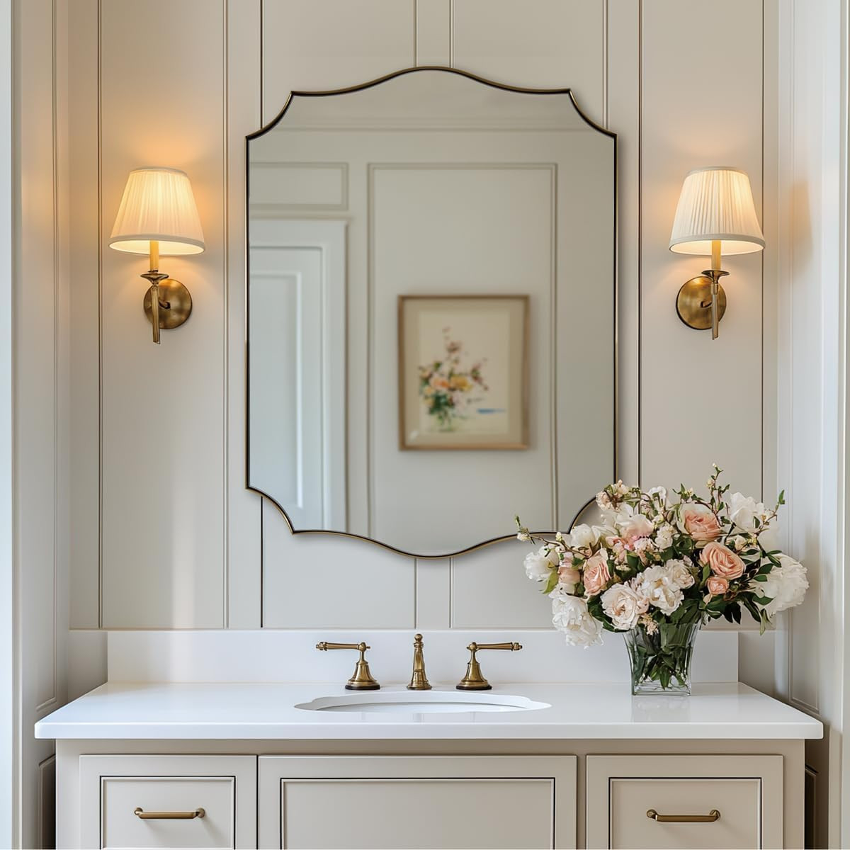 24x32 Gold Bathroom Mirror, Antique Brass Asymmetrical Design