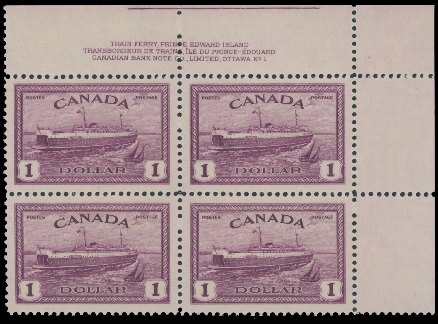 1946, CANADA PEACE ISSUE TRAIN FERRY $1 LILAC, UR PLATE No.1 BLOCK, NH, UN.#273