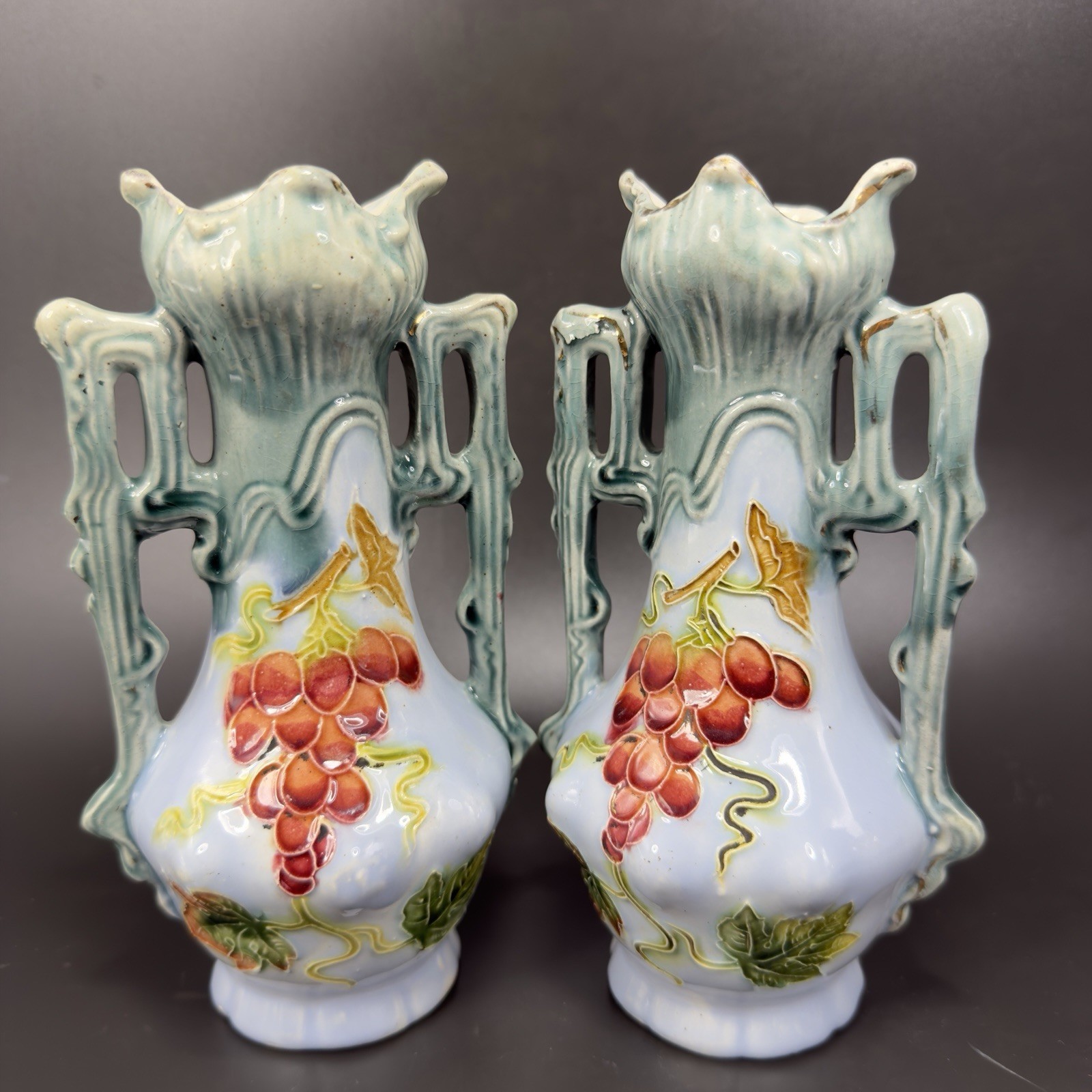 Antique J S Art Nouveau Majolica Vase Vessel Set 2 Grape Pattern Old Pottery VTG