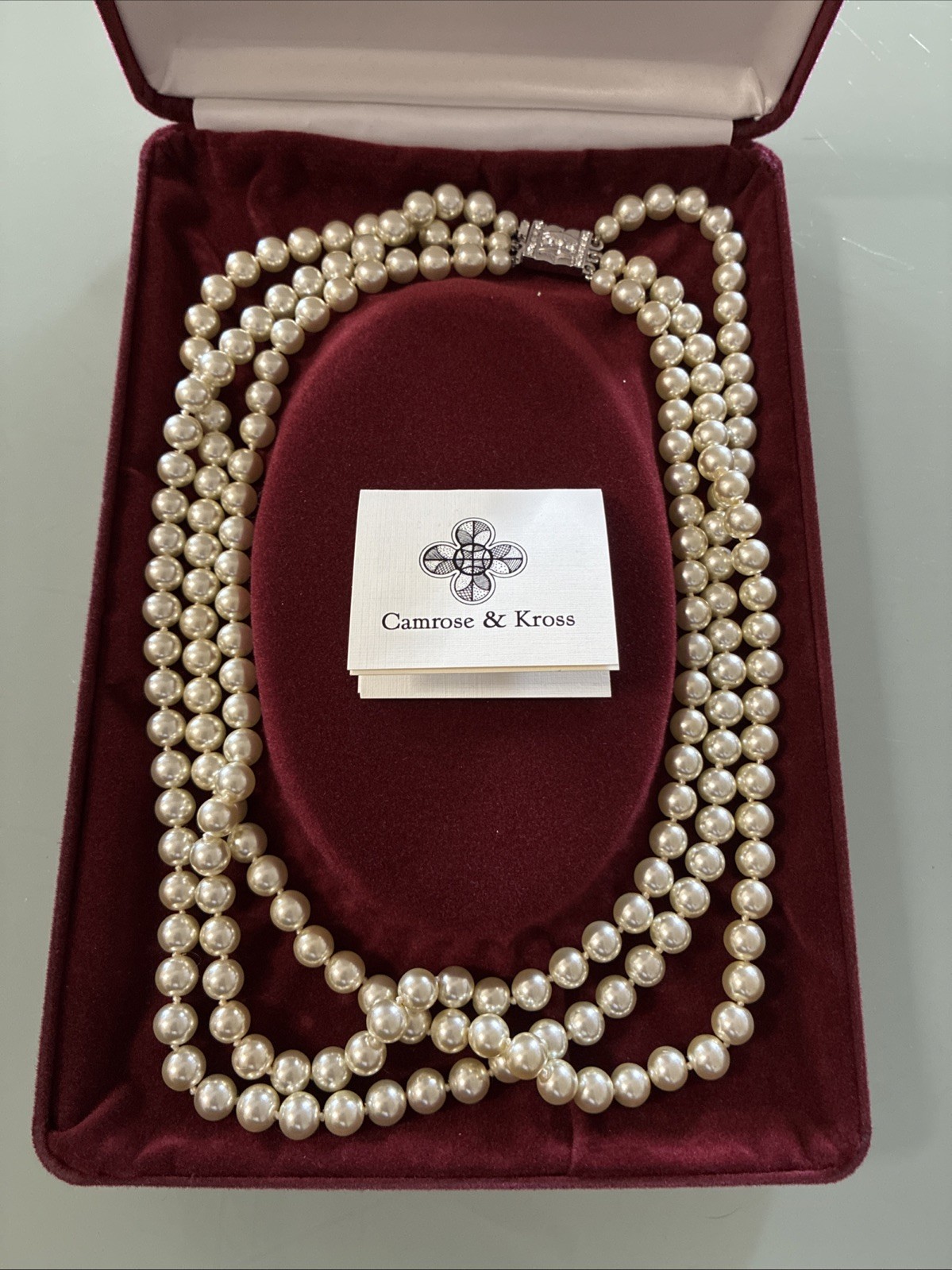 Camrose & Kross Jackie Kennedy 3 Strand Glass Pearl Necklace w/ Original Box Camrose & Kross Jackie Kennedy 3 Strand Glass Pearl Necklace w/ Original Box