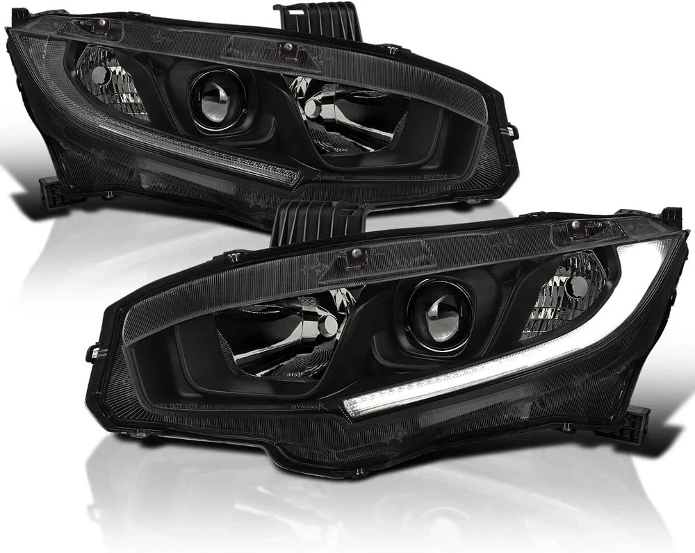 Black Smoke LED Strip Projector Headlights Compatible with 2016-2021 Honda Civic