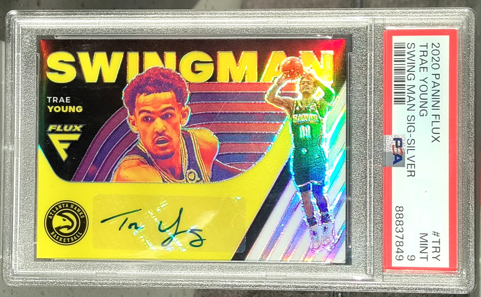 Trae Young Auto PSA 9 2020-21 Panini Flux Swingman Silver Prizm Autograph Holo