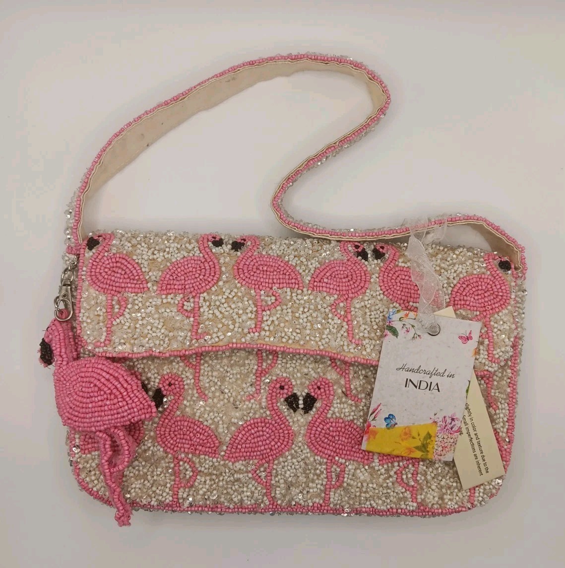 New Release Handcrafted in India Pink Flamingo Beaded Shoulder Bag Viral TikTok