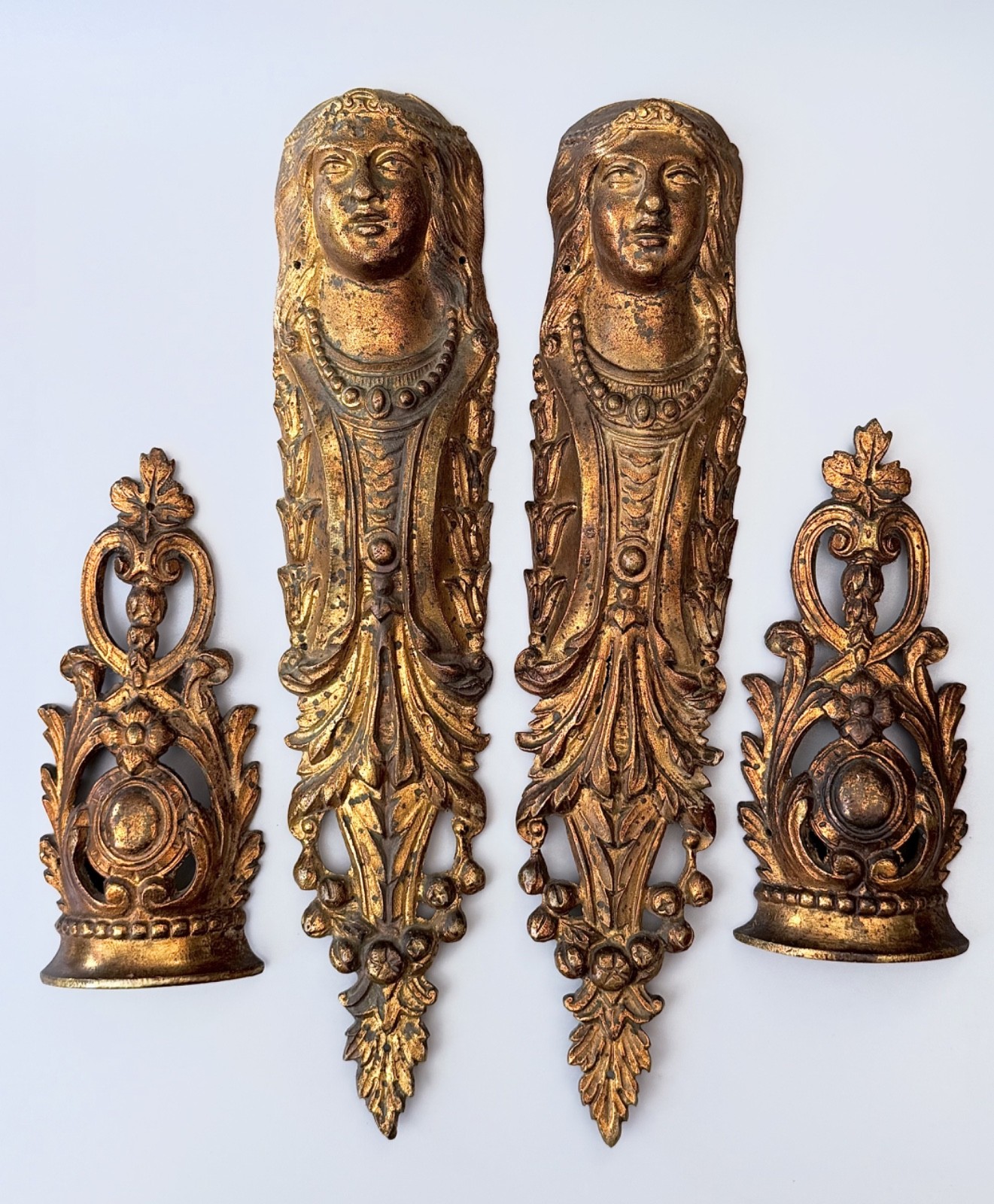 4pc Antique French Gilt Bronze Ormolu Furniture Mounts Set 11.6