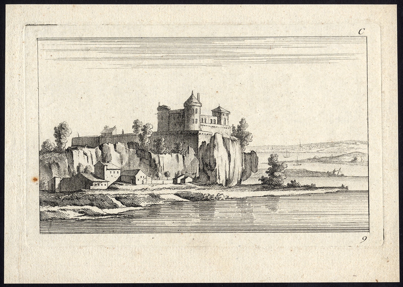Antique Master Print-LANDSCAPE-CASTLE-MANOR-RIVER EDGE-Anonymous-ca. 1700