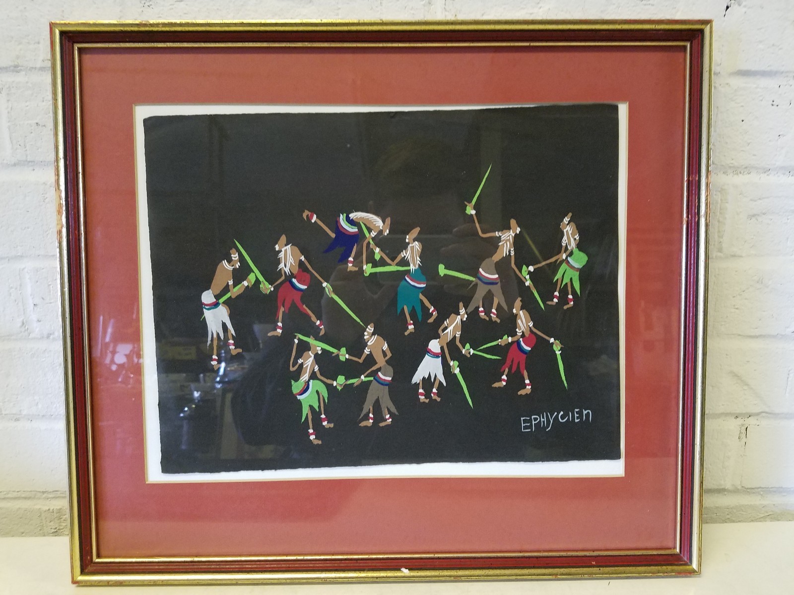 Vintage Gouache Painting African Art of Tribal Battle Framed Signed Ephycien
