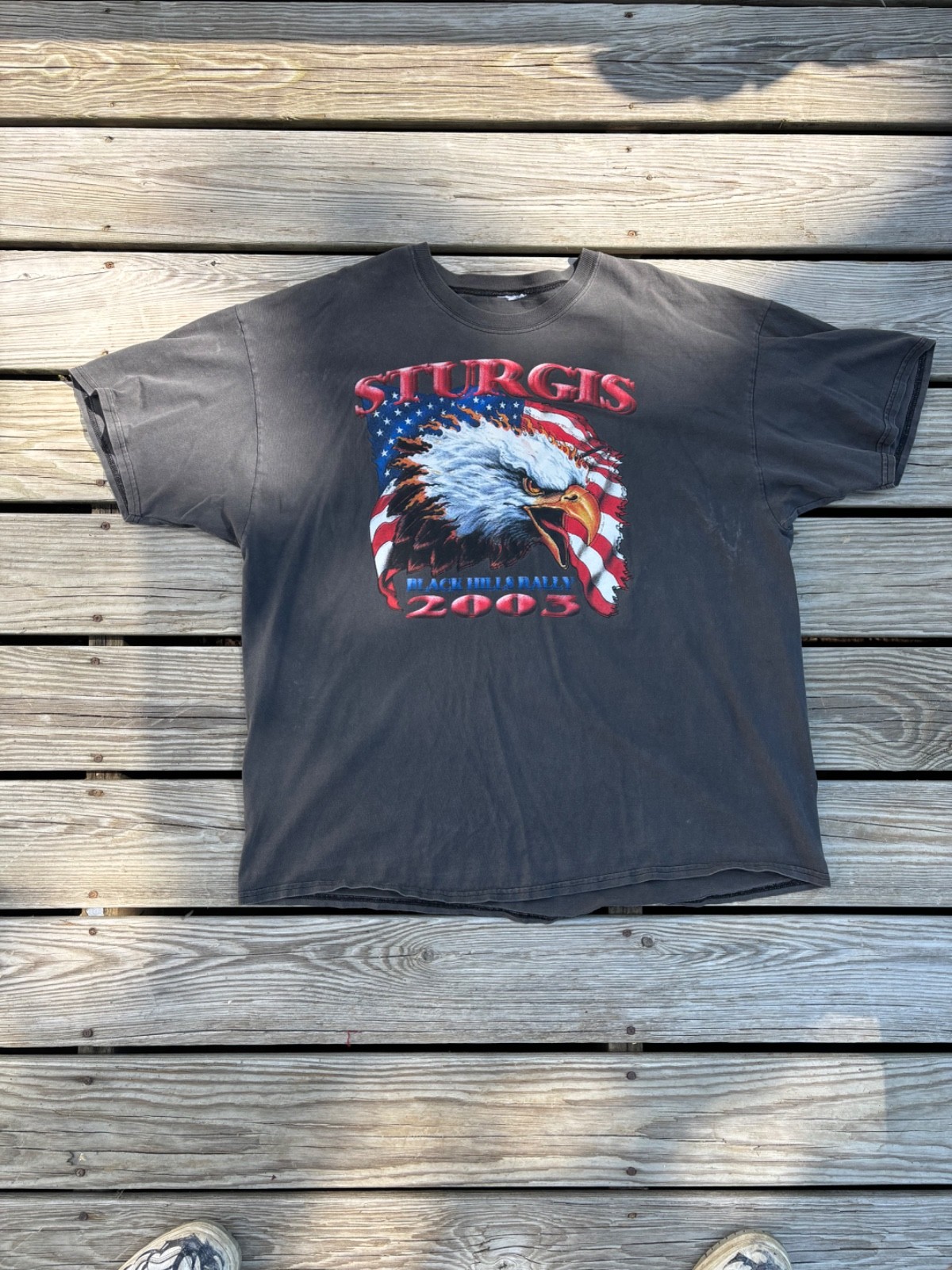Vintage Y2K 2003 STURGIS Biker Tee Eagle & Wolf Print Extremely Faded XL