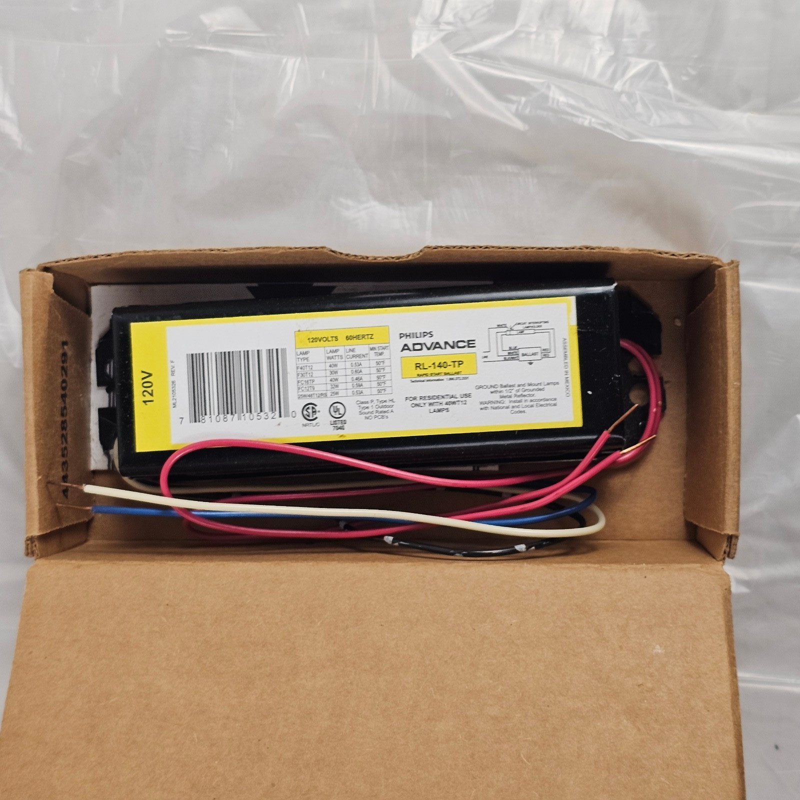 Philips Advance RL-140-TP Rapid Start Ballast 120V 60Hz