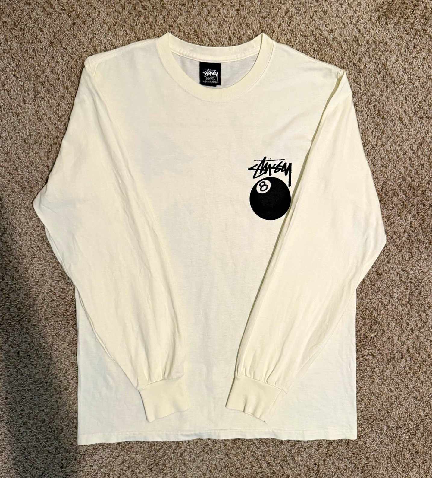 Stüssy 8 Ball Logo Graphic White Cream Cotton Crewneck Long Sleeve Tee Men\'s S