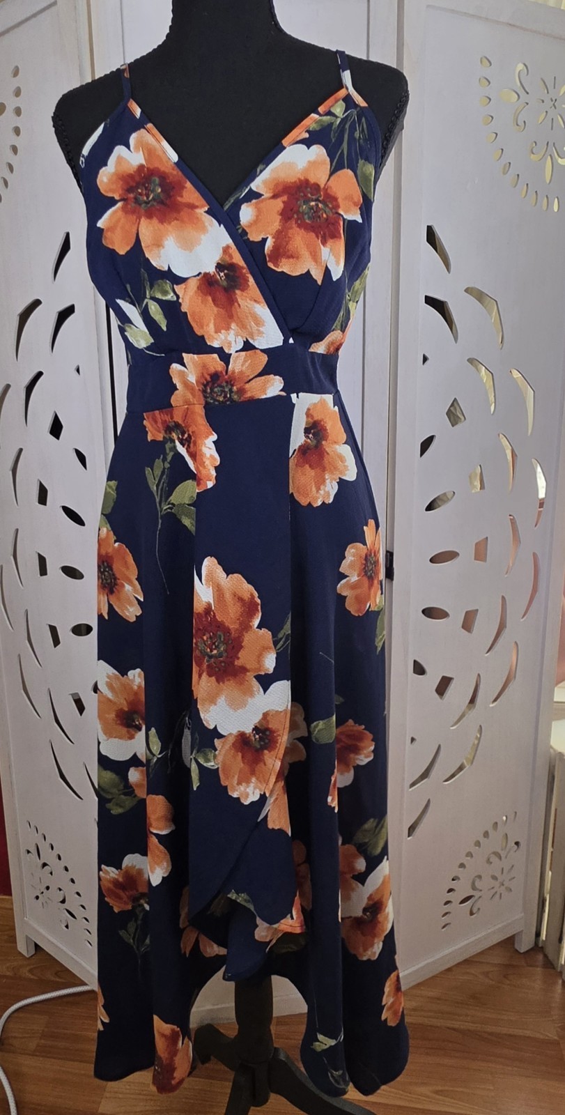 Love Squared Women\'s Strapless Textured Cottage Core Midi Blue Floral Dress SZ M