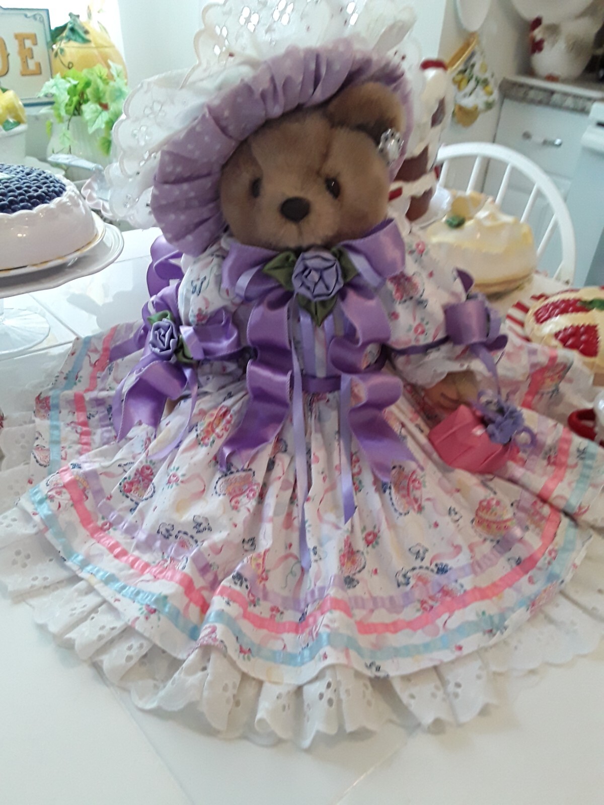 BEAUTIFUL  18IN. LOVELY LAVENDER BEARLY PEOPLE DRESSED  ADORNED  LADY TEDDY BEAR