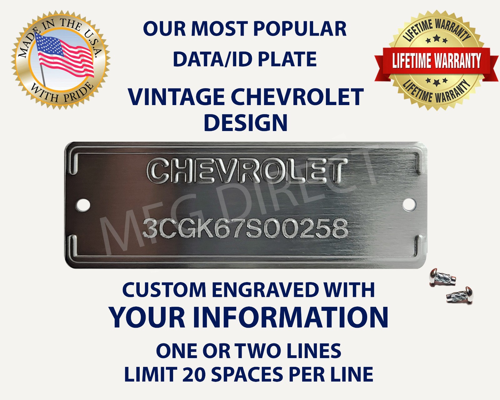 EMBOSSED CHEVROLET VIN DOOR DASH TAG SERIAL NUMBER DATA PLATE CHEVY DATA PLATE
