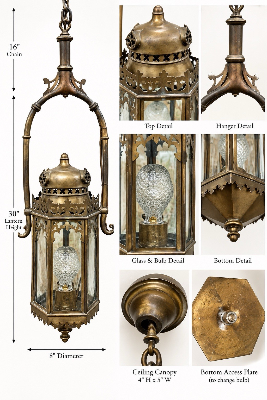 Vintage Gothic Revival Pierced Brass Hexagonal Hall Lantern - 30 inch  Light