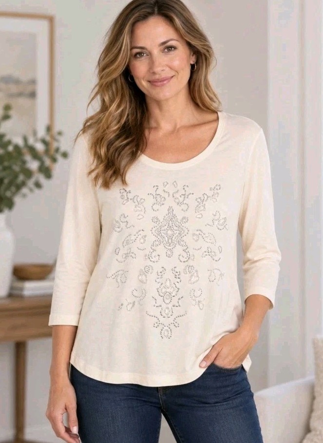 NWOT Chico’s Zenergy Size 2 Ivory Embellished Rhinestone Beaded 3/4 Sleeve...