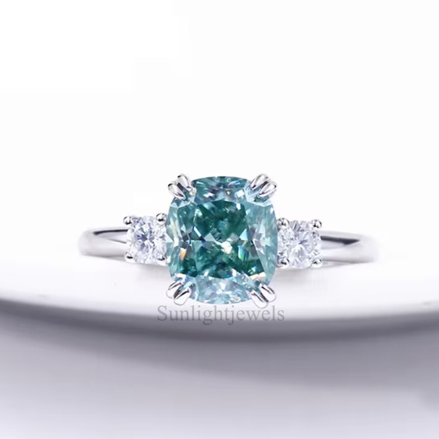 3.20 Ct Blue Lab Grown Diamond Cushion Cut Solitaire Ring 925 Sterling Silver